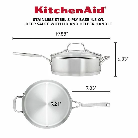 KitchenAid 3-Ply Base Stainless Steel 4.5-qt. Deep Sauté Pan With Helper Handle And Lid 4 KitchenAid 3-Ply Base Stainless Steel 4.5-qt. Deep Sauté Pan With Helper Handle And Lid - Image 2